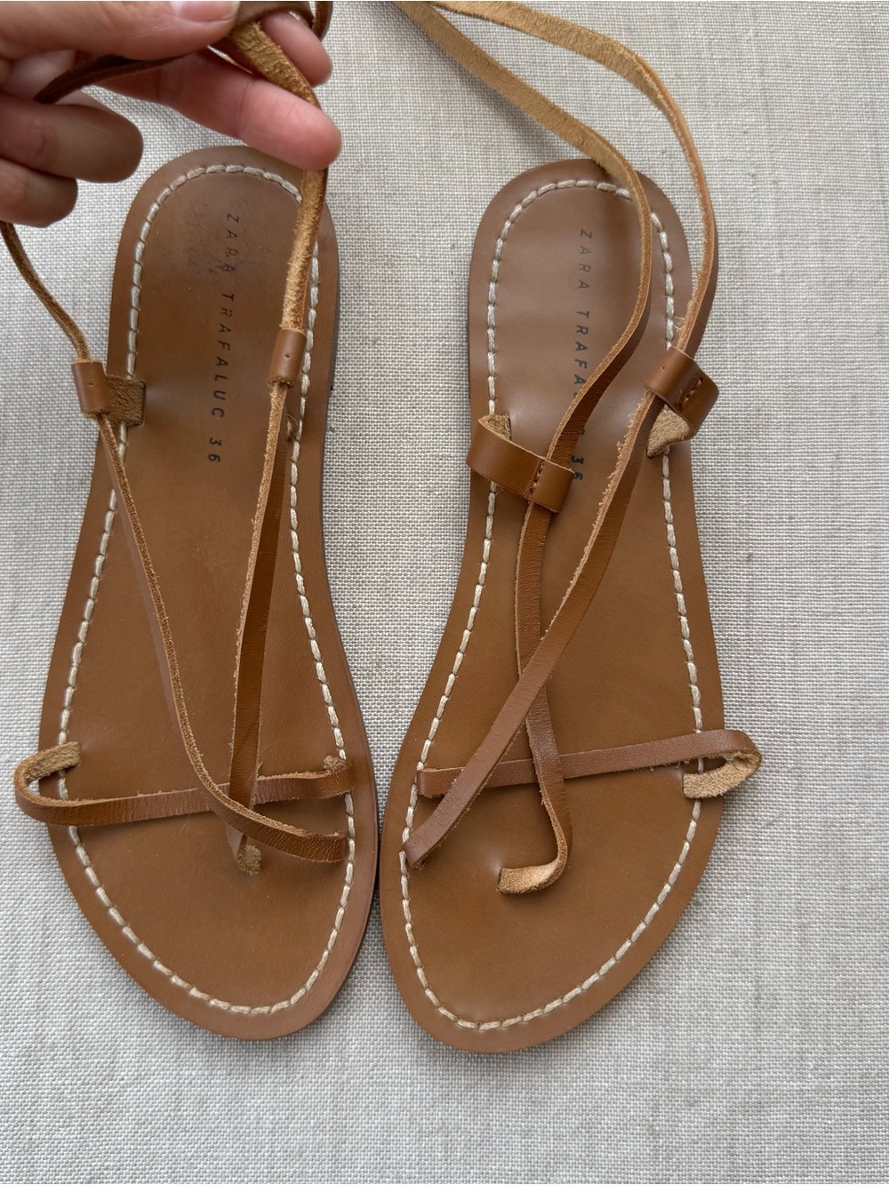 Zara Brown Leather Lace-Up Flat Sandals
